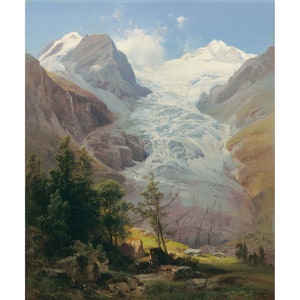 Pode incluir: Pintura a óleo de uma paisagem montanhosa com uma grande geleira entre picos rochosos. Árvores verdes exuberantes e um pequeno riacho em primeiro plano, com um céu azul claro acima. Uma obra de arte clássica.