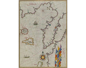 Piri Reis (Muhyiddin Piri Bey) : Mapa de las islas de Semendrek e Imroz en el mar Egeo (Libro de navegación) - Giclee Fine Art Print