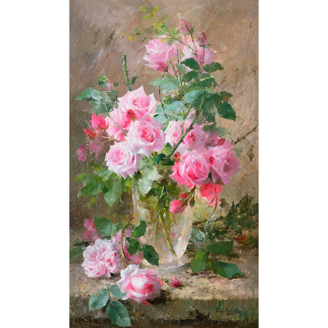 Frans Mortelmans : Still Life of Roses in a Glass Vase - Giclee Fine ...
