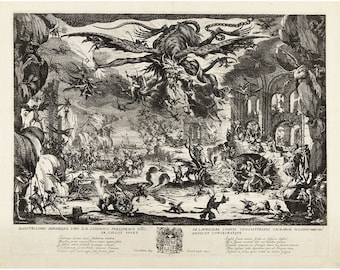 May include: A black and white engraving depicting a scene from hell. A monstrous, winged demon with multiple arms and claws is at the centre of the image, surrounded by smaller demons and tormented souls. The engraving is titled "ILANSTRESSIMO MAXIMOOVE VIRO D.D. LVDOVICO PHELYPEAUX DNO. M. CALLOT VOVET" and "DE LAFRILIERE COMITI CONSISTORIANO SACRARIM TRU DEDICAT CONSECRATOVE."