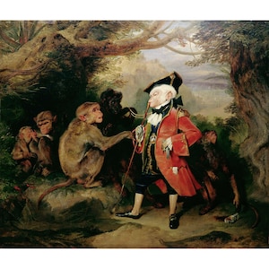Puede incluir: Una pintura al óleo que representa a un hombre con un abrigo rojo y una peluca blanca de pie en un bosque con cuatro monos. El hombre sostiene un bastón y una pipa. Los monos están sentados en rocas y árboles.