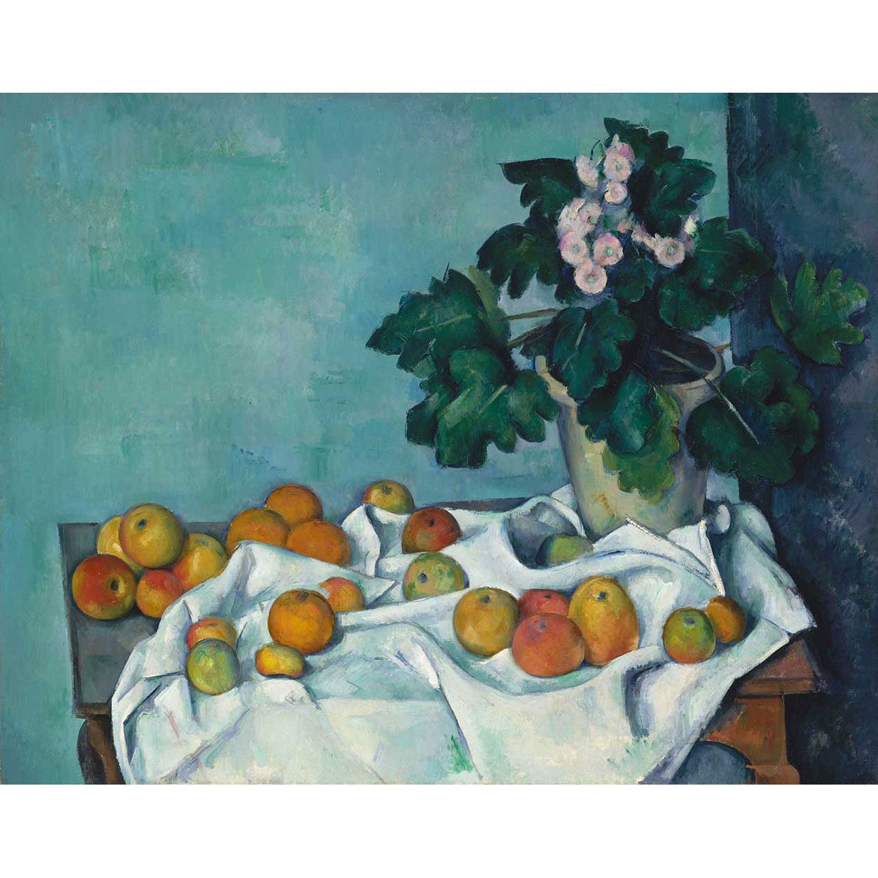 ポール・セザンヌ：リンゴとサクラソウの鉢のある静物画（1890年頃
