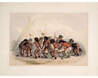 May include: A watercolor painting depicting a group of Native American men in a traditional dance ceremony. The men are wearing feathered headdresses and animal skin clothing. They are dancing around a drum, which is being played by one of the men. The painting is set against a backdrop of tipis and a cloudy sky.
