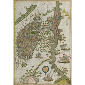 May include: A detailed hand-drawn map of a city with a river running through it. The map is drawn in a variety of colors, including green, blue, and red. The city is surrounded by a wall, and there are several buildings and trees within the city walls. The river is lined with boats, and there are several islands in the river. The map is dated 1584.