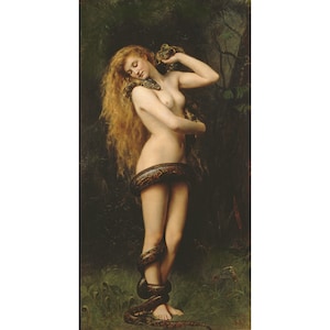 May include: A painting of a woman with long red hair, standing in a forest setting. She is nude and has a large snake wrapped around her waist. The snake's head is resting on her shoulder.