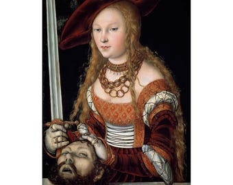 Puede incluir: Una pintura de una mujer con un sombrero rojo que sostiene una espada y una cabeza cortada. La mujer lleva un vestido rojo y dorado y un collar de cadenas doradas. La cabeza está sobre una superficie blanca.