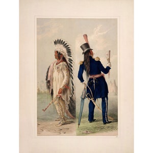 May include: A lithograph depicting a Native American man in traditional clothing and a European man in a military uniform. The Native American man is wearing a feathered headdress and a white robe. The European man is wearing a blue uniform with gold trim and a top hat. The image is set against a background of a cloudy sky and a grassy field.