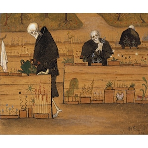 May include: An illustration depicts skeletal figures tending a garden. One figure waters plants with a green watering can, while others appear to be admiring flowers. The figures wear black cloaks, and the garden is filled with various potted plants.