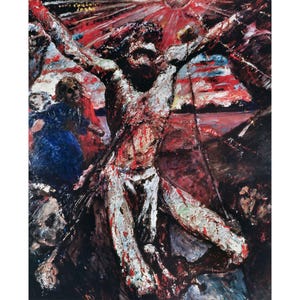 May include: A painting depicting a figure with outstretched arms, appearing to be crucified. The figure is painted in a realistic style with visible blood and wounds. The background is a dark red and black, with a faint image of an American flag.