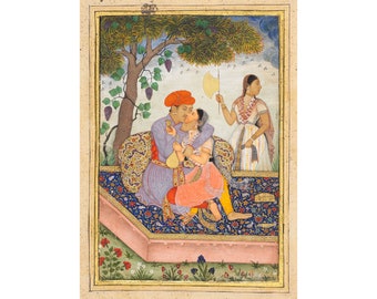 ムガル帝国の皇帝アクバルとジョダ・バーイの愛の情景：インドの