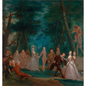 Marcellus Laroon the Younger : Scene in a Park, with Figures from the Commedia dell&#39;Arte (A Harliquinade) (c.1735) - Giclee Fine Art Print