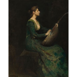 Puede incluir: Una mujer con un vestido verde oscuro toca un laúd, un instrumento musical de cuerda. La pintura está realizada en un estilo oscuro y melancólico.