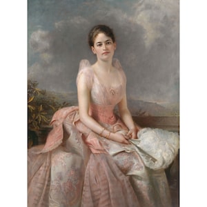 May include: A woman in a pink and white dress sits on a stone bench with a white fan in her lap. She is looking directly at the viewer. The background is a soft, hazy landscape with a cloudy sky.