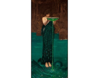 May include: A woman in a flowing green gown stands in a body of water, holding a bowl from which a stream of green liquid pours. The water is a deep teal color and the woman's expression is serene.