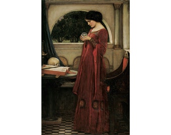 May include: A woman in a red gown gazes intently at a crystal ball, holding it in her hands. A skull and an open book rest on a table in the background.