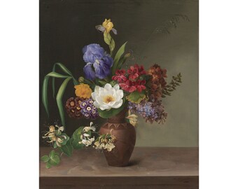 Hermania Neergaard : A Greek Style Vase with Iris, Sorrel and Honeysuckle (1831) - Giclee Fine Art Print