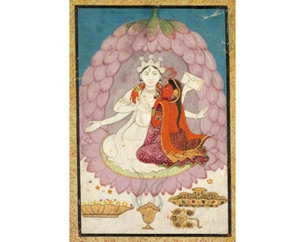 Arte indio: Vishnu y Lakshmi sentados sobre una flor de loto (principios del siglo XIX) - Impresión artística giclée