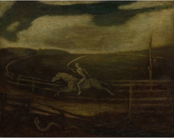 May include: A painting depicting a skeletal figure riding a horse through a dark, desolate landscape. The sky is overcast with a dark cloud, and the ground is barren and brown. The horse is galloping towards the viewer, and the rider is holding a scythe.