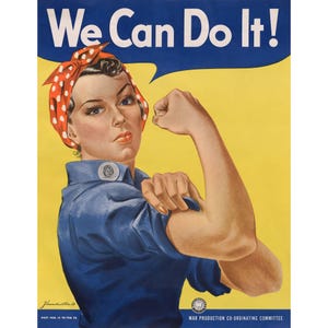 Puede incluir: Un cartel vintage de la época de la Segunda Guerra Mundial con una mujer con un pañuelo rojo y una camisa azul flexionando su bíceps. El cartel tiene el texto "We Can Do It!" en letras blancas sobre un fondo azul. El cartel está sobre un fondo amarillo.