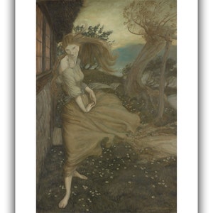 K&ouml;nnte beinhalten: Ein gerahmter Druck einer Frau in einem flie&szlig;enden Kleid, die in einem Feld von G&auml;nsebl&uuml;mchen steht. Das Kunstwerk hat eine ged&auml;mpfte Farbpalette mit Braunt&ouml;nen, Gr&uuml;n und Beige. Das lange Haar der Frau weht im Wind, und sie steht in der N&auml;he eines Fensters.