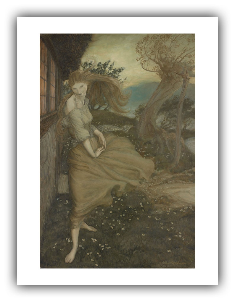 K&ouml;nnte beinhalten: Ein gerahmter Druck einer Frau in einem flie&szlig;enden Kleid, die in einem Feld von G&auml;nsebl&uuml;mchen steht. Das Kunstwerk hat eine ged&auml;mpfte Farbpalette mit Braunt&ouml;nen, Gr&uuml;n und Beige. Das lange Haar der Frau weht im Wind, und sie steht in der N&auml;he eines Fensters.