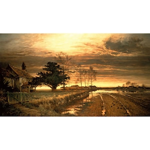 Puede incluir: Pintura de paisaje de una escena rural al atardecer. Una casa con una valla de madera está a la izquierda. Un árbol grande y varios árboles más pequeños están en el centro. El cielo está lleno de nubes naranjas y grises, reflejándose en el agua.