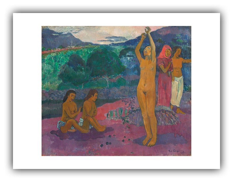 May include: A painting depicting four figures in a landscape setting. The figures are nude and appear to be Polynesian. The painting is done in a vibrant style with bold colors and brushstrokes. The background features a lush green landscape with mountains in the distance.