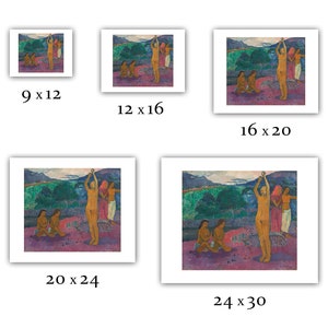May include: A painting of five women in a tropical landscape. The woman in the center is standing with her arms raised, while the other four women are seated on the ground. The painting is done in a vibrant style with bold colors and brushstrokes.