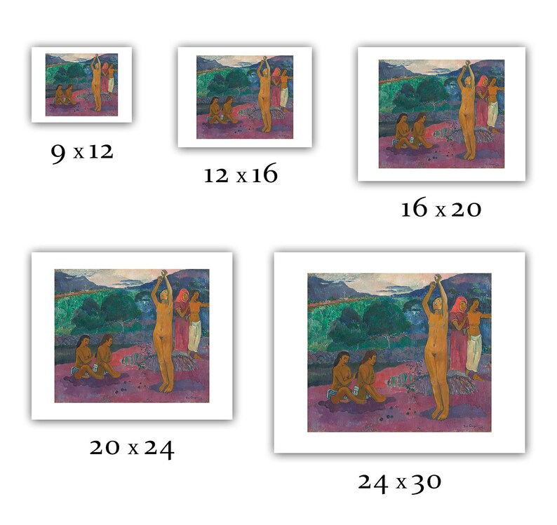May include: A painting of five women in a tropical landscape. The woman in the center is standing with her arms raised, while the other four women are seated on the ground. The painting is done in a vibrant style with bold colors and brushstrokes.