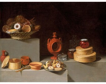 Juan van der Hamen: Bodegón con dulces y cerámica (1627) - Impresión artística giclée