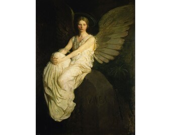 May include: A painting of a woman with wings, wearing a white gown, sitting on a rock. The rock has the word "VAEA" inscribed on it. The woman has a halo and her wings are spread out behind her.