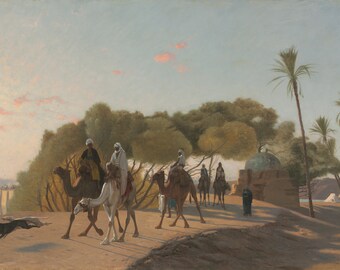 Beautiful Oil painting Jean-Leon Gerom Landscape Caravan Camels on canvas 36" 