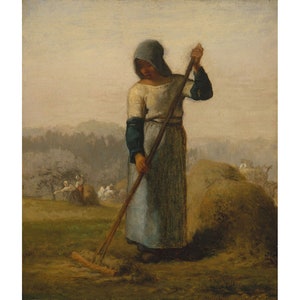 Pode incluir: Uma pintura a óleo retrata uma pessoa a rastelar feno num campo. A figura, vestida com um vestido comprido e um toucado, está perto de um grande monte de feno. O fundo mostra outras figuras e árvores, com uma paleta de cores suaves.