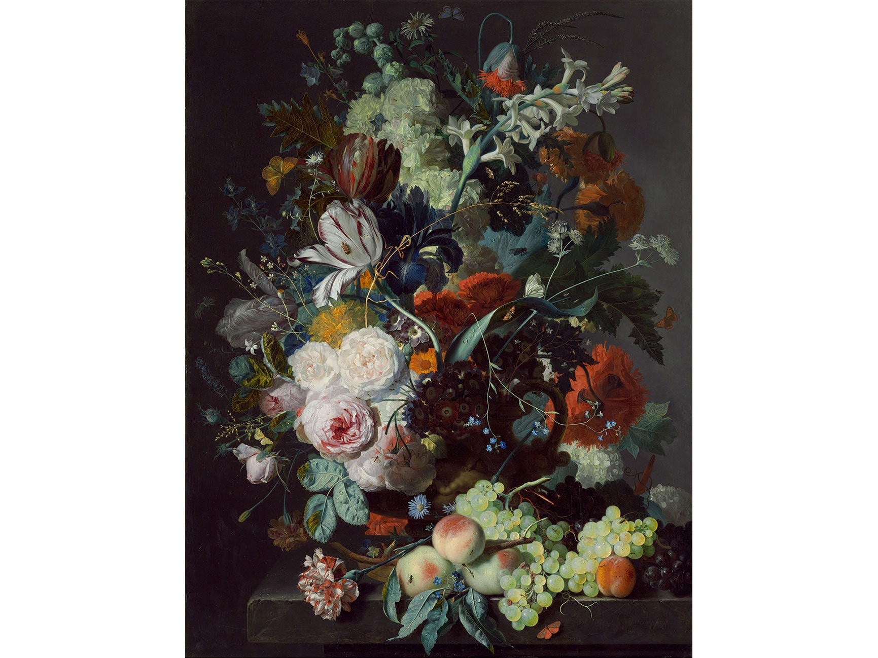 ヤン・ファン・フイスム：花と果物のある静物画（1715年頃