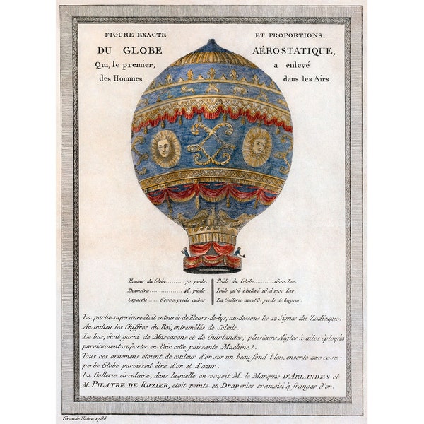 Etching of the Montgolfier Brothers' Hot Air Balloon, or Aerostatic Globe (1786) - Giclee Fine Art Print