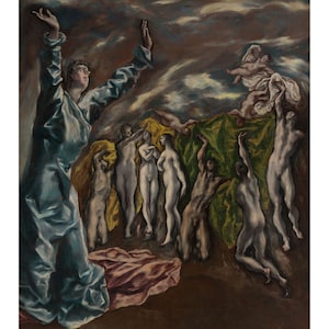 May include: A painting depicting a scene of religious ecstasy. A woman in a blue robe raises her arms to the sky, while a group of nude figures kneel and reach upwards. A white figure with wings floats above the scene.