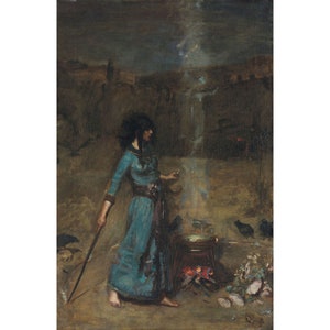 May include: A woman in a blue dress stands in a dark, mystical setting. She holds a staff in one hand and a small object in the other. A cauldron sits on a fire in front of her, surrounded by crows and other objects. The scene is reminiscent of a witch's ritual.