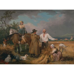 May include: A painting depicting a group of people in a field. A woman on horseback rides past a man and woman talking. A man points to the distance while a woman gathers wheat sheaves. The scene is set against a cloudy sky.