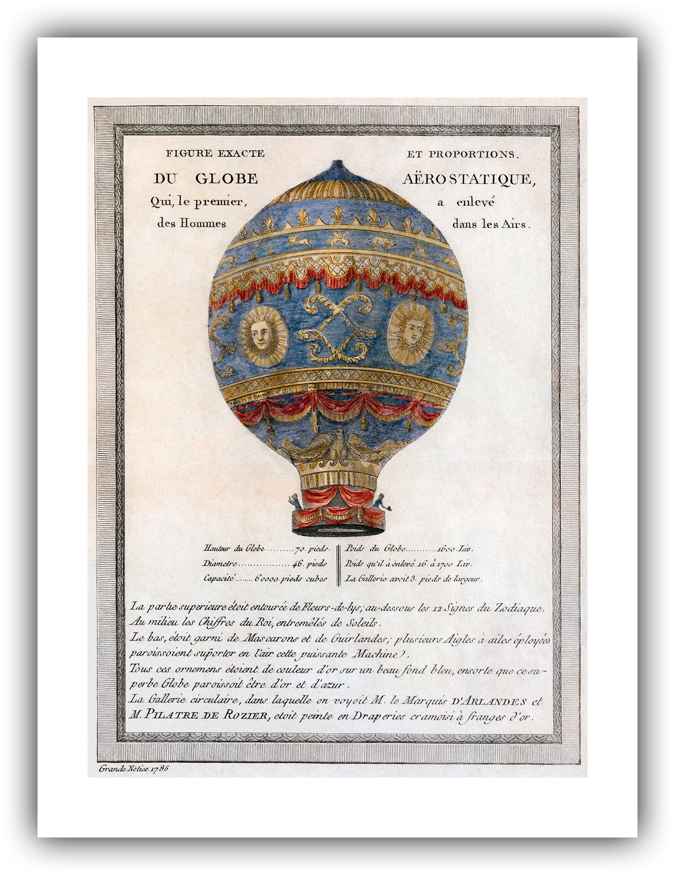 アンティーク　気球 モンゴルフィエ兄弟の熱気球、または球状の気球（1786年）のエッチング
