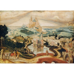 Peut inclure: Une peinture représentant un paysage fantastique avec une rivière sinueuse, des collines verdoyantes et une ville lointaine nichée au milieu de formations rocheuses imposantes. Le ciel est d'un bleu doux avec des nuages vaporeux, et le soleil brille.