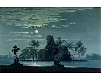 Karl Friedrich Schinkel: Escena de jardín con la Esfinge a la luz de la luna (Escenografía para La flauta mágica) (1816) - Impresión artística Giclée