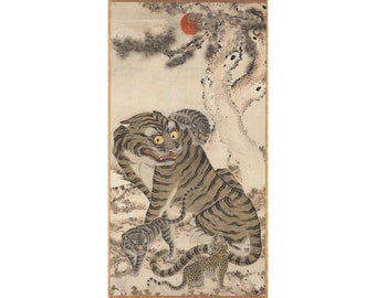 May include: A traditional Japanese painting depicting a tiger with three cubs. The tiger is sitting on a rocky outcrop with a pine tree in the background. The painting is done in shades of brown, black, and white, with a red sun in the upper right corner.