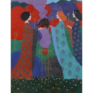 May include: Three women in colorful patterned robes stand in a garden setting. They are holding a bowl of black berries and a golden goblet. The background is a vibrant mix of purple, red, green, and blue.