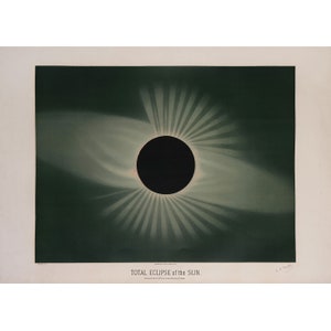 May include: A black and white illustration of a total solar eclipse. The sun is completely obscured by the moon, with the corona visible as a series of rays emanating from the edges of the moon. The image is set against a dark green background.