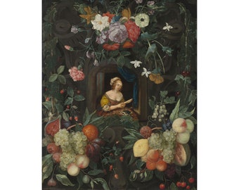 Cornelis van Huynen : Portrait of a Lady Surrounded by Flowers (17th century) - Giclee Fine Art Print
