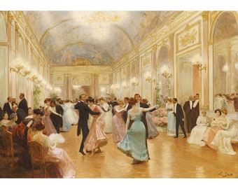 May include: A painting depicting a grand ballroom scene with couples dancing in elegant attire. The room is decorated with ornate chandeliers and gold accents. The dancers are dressed in formal gowns and suits, and the atmosphere is one of celebration and joy.