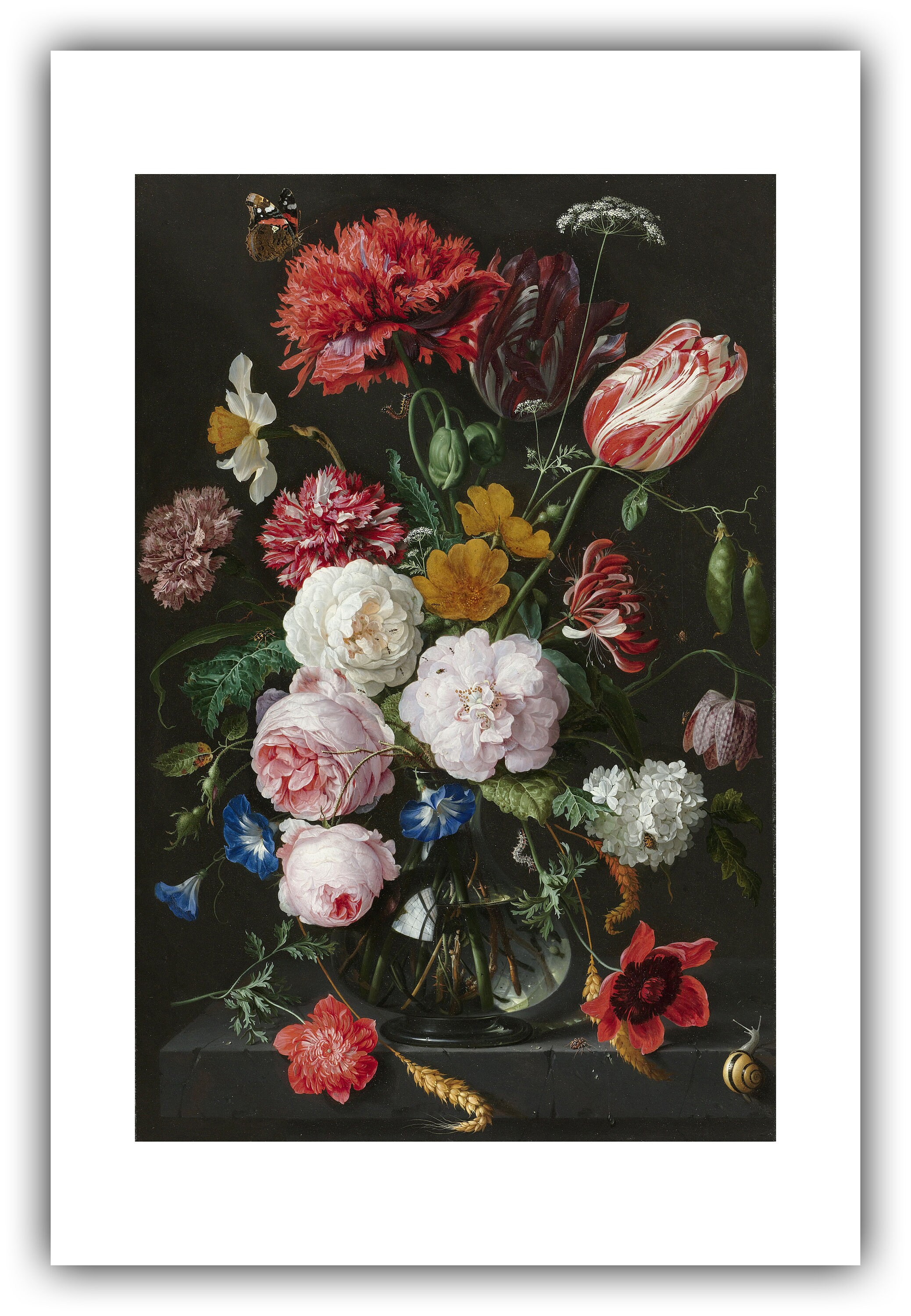 ヤン・ダヴィッツ・デ・ヘーム：ガラスの花瓶に花を挿した静物画（1650