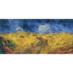 May include: A painting of a field of wheat with a winding path leading to the horizon. The sky is a vibrant blue with dark clouds and a few white clouds. There are many black birds flying in the sky.