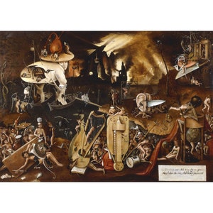 May include: A detailed painting depicting a chaotic scene with numerous figures and objects. The painting is dominated by a dark brown and gold color palette. The figures are depicted in various states of distress and torment, with some being tortured by demons. The painting is filled with symbolic imagery, including a large harp, a clock, and a globe. The text at the bottom of the painting reads: "In hoc signo vinces. Ad hoc te praepare. Non fallam te unquam. Ad hoc labor meus est."