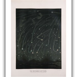 May include: A vintage illustration depicting a night sky filled with streaks of light from the November meteors. The image is titled "The November Meteors" and includes the date "Observed from Bridge and Lowell, on the Night of November 13, 1833."